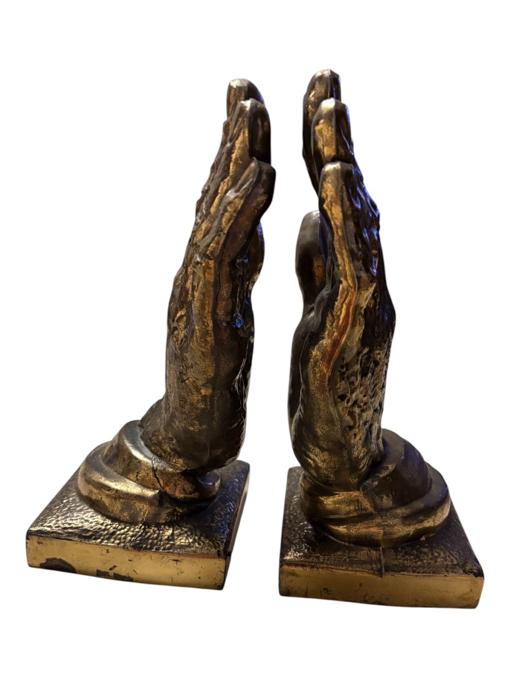 Vintage MCM Brass Praying Hands Bookends Heavy Cast Metal Set of 2